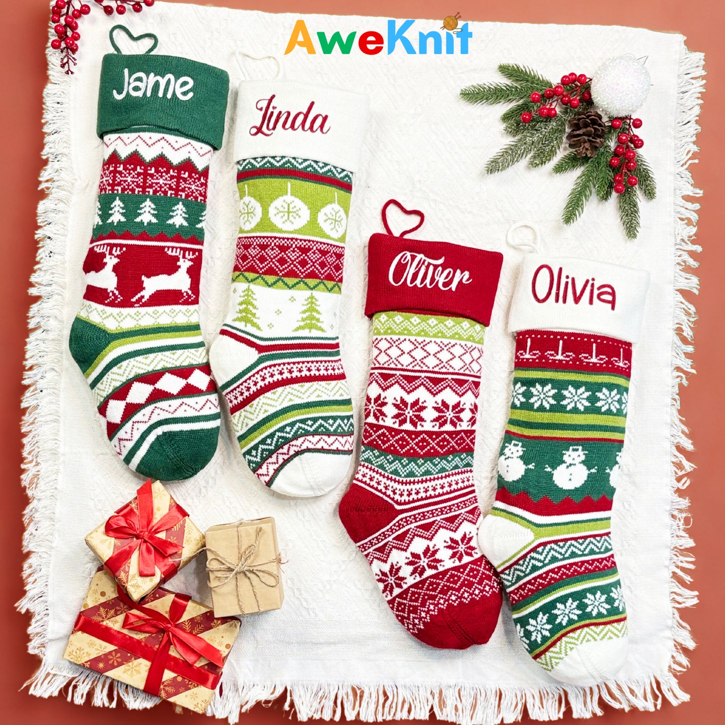 AWE01 Personalised Knitted Stocking Christmas Gift